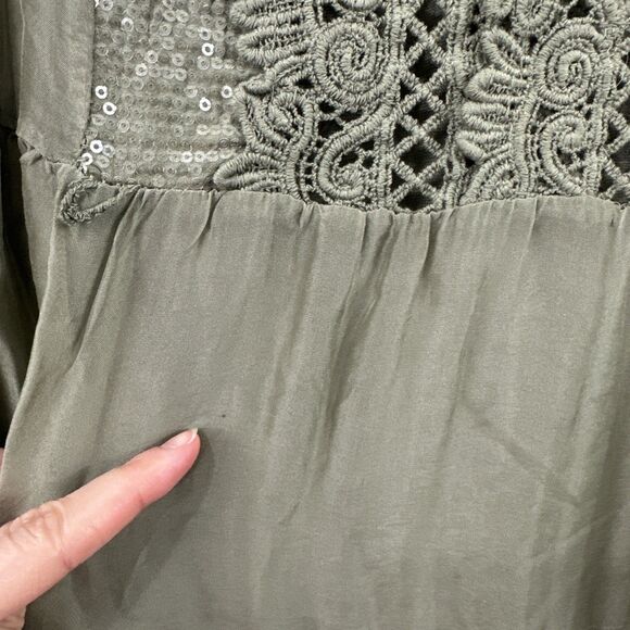 Scandal Italy Juliet Green Silk Blend Crochet Lace Flowy Tie Neck Top Womens O/S - Picture 9 of 13